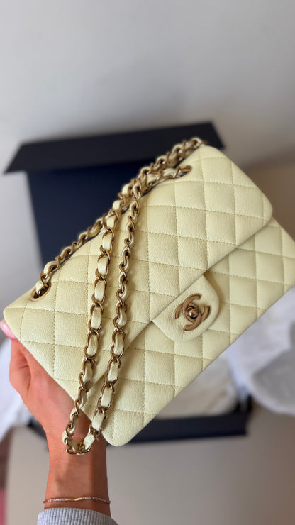 Chanel small butter yellow classic flapbag caviar