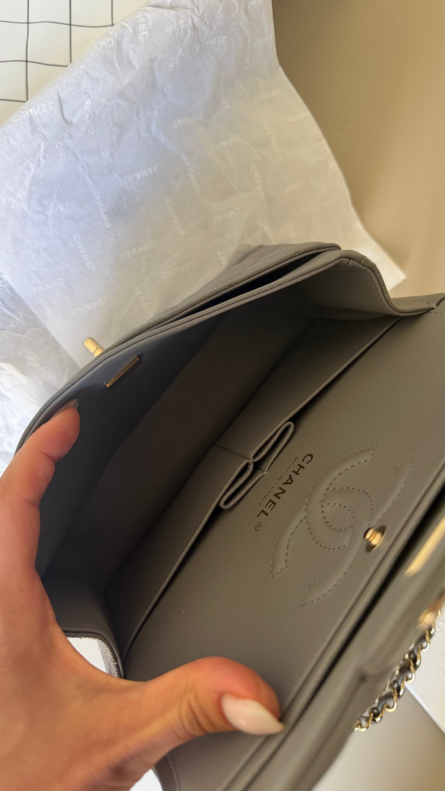 Chanel small Grey caviar double classic flapbag with chip 2022