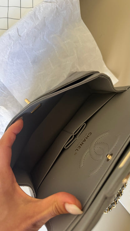Chanel small Grey caviar double classic flapbag with chip 2022