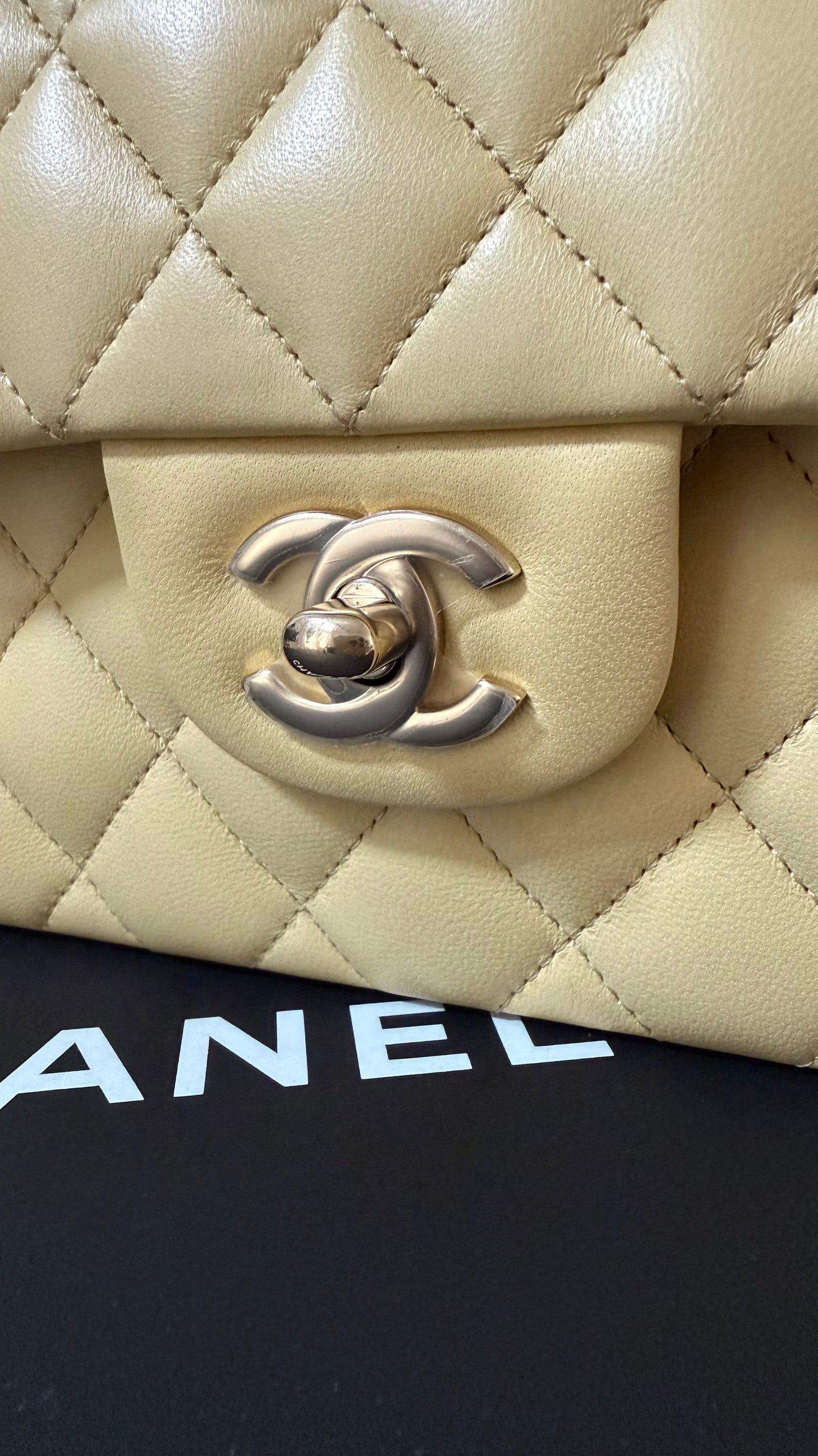 Chanel butter yellow lambskin small flap, new with chip