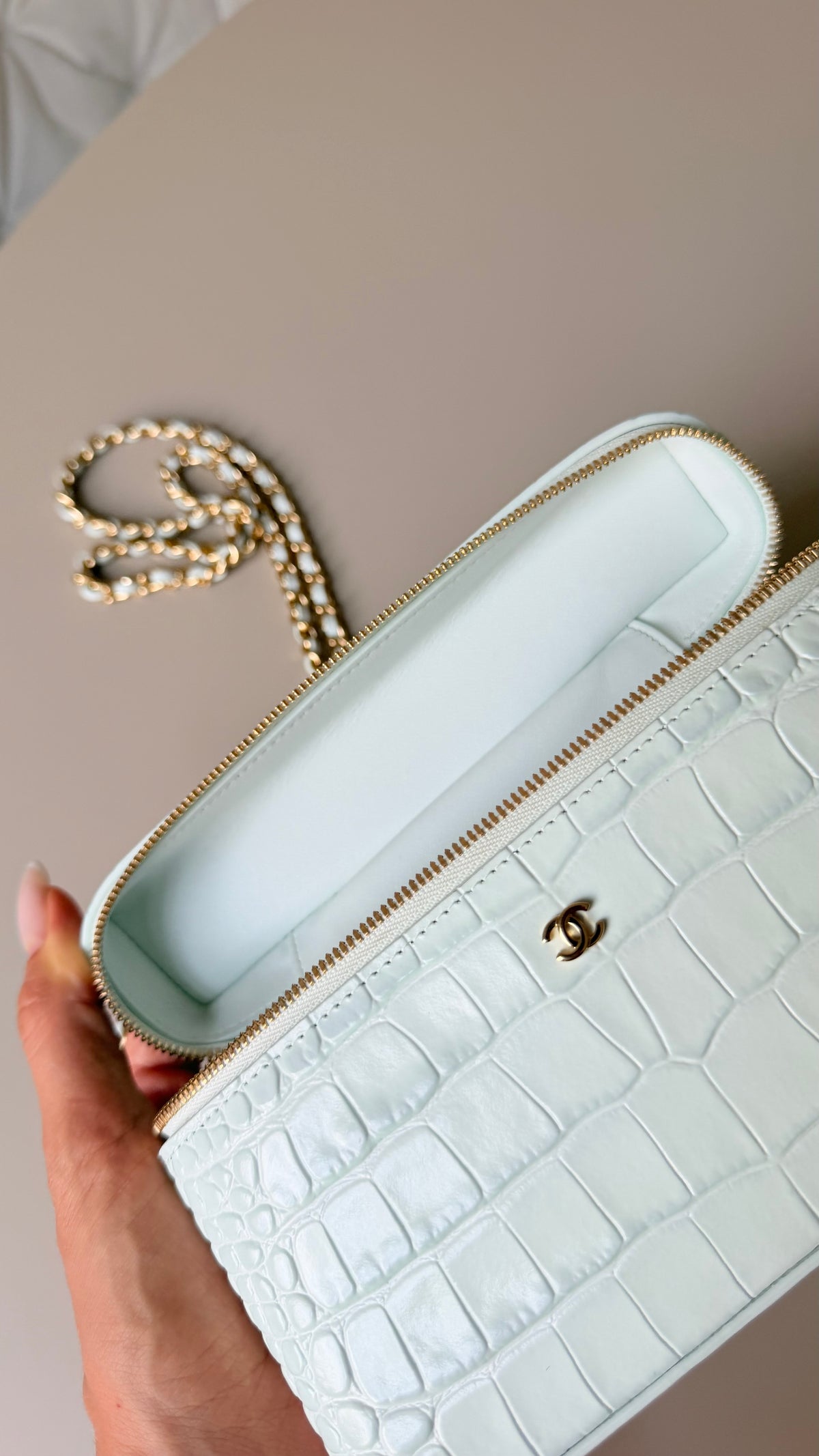 Chanel vanity mint green croco embossed print