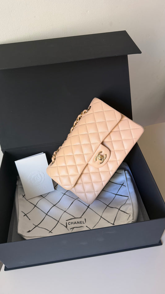 Chanel lambskin small classic double flapbag with chip and invoice