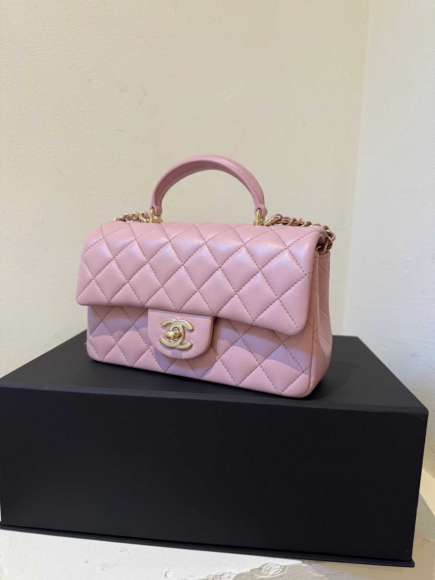 Chanel mini lambskin pink top handle