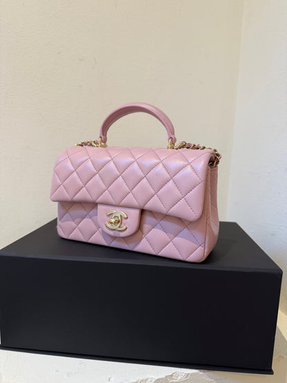 Chanel mini lambskin pink top handle