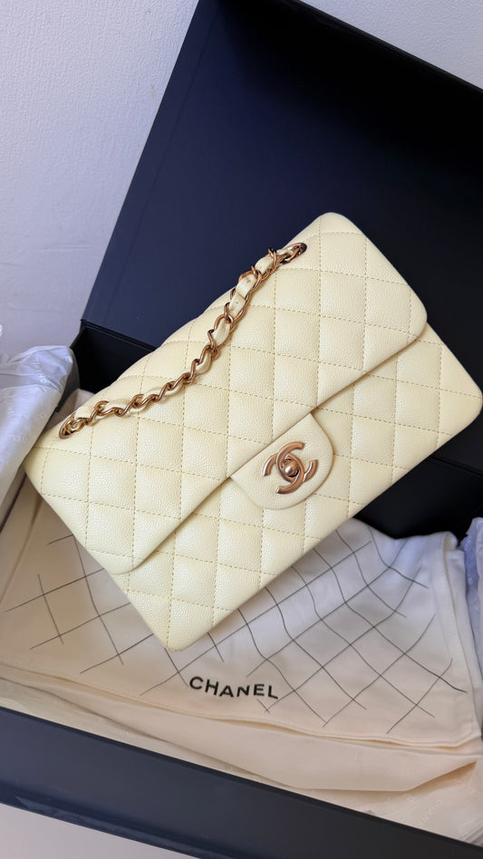 Chanel small butter yellow classic flapbag caviar