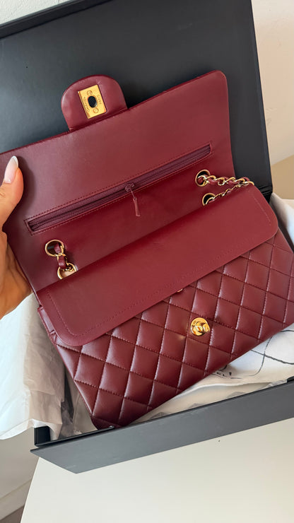 Chanel medium lambskin burgundy 21 series, full set with card and certificate