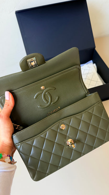 Chanel olive green lambskin small double flapbag full set