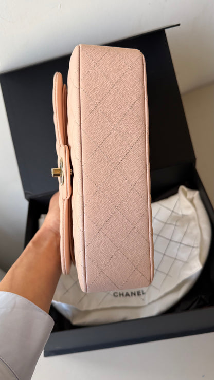 Light beige small caviar double flapbag with chip