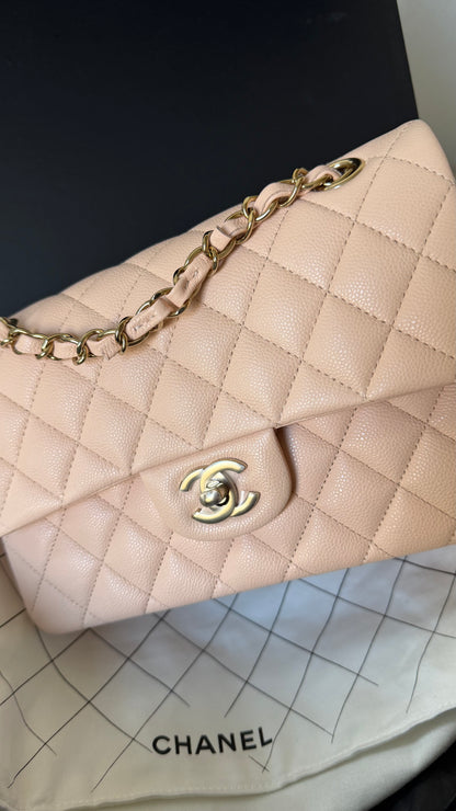 Light beige small caviar double flapbag with chip