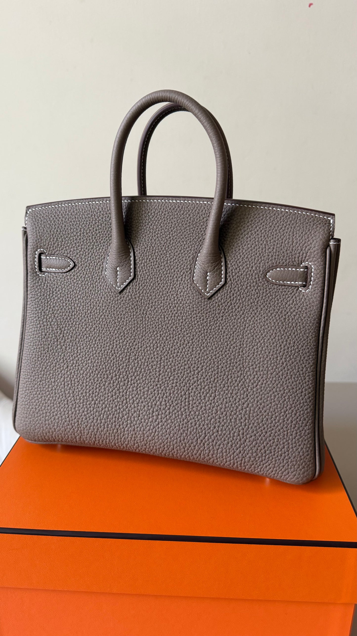 Hermes Birkin 25 etoupe togo leather palladium hardware stamp G