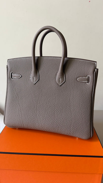 Hermes Birkin 25 etoupe togo leather palladium hardware stamp G