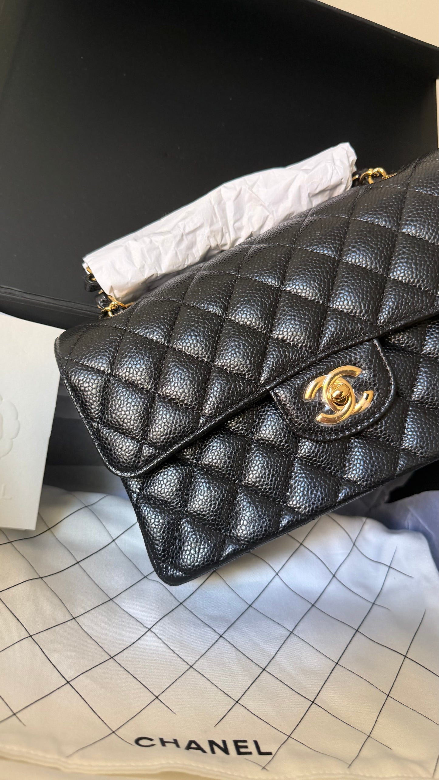 Chanel small double classic black flapbag caviar with chip