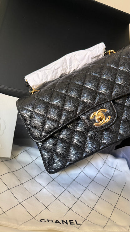 Chanel small double classic black flapbag caviar with chip