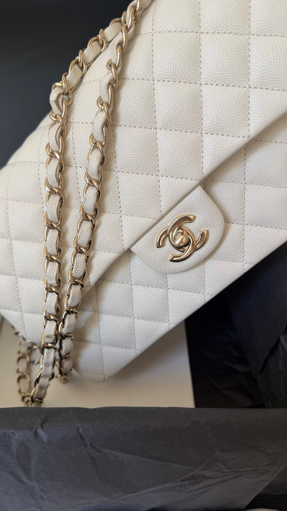 Chanel medium caviar double classic flapbag white full set 2021 chip