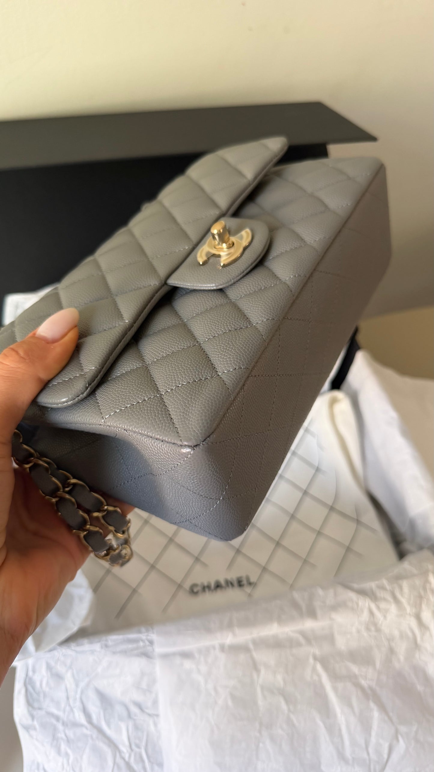Chanel small Grey caviar double classic flapbag with chip 2022