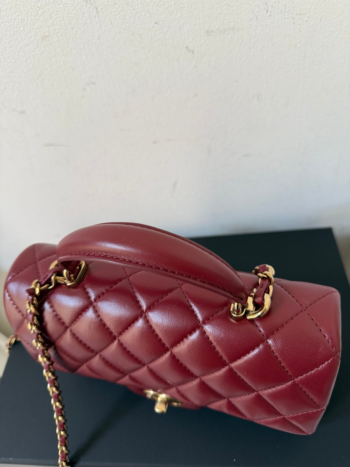 Chanel dark red mini lambskin top handle
