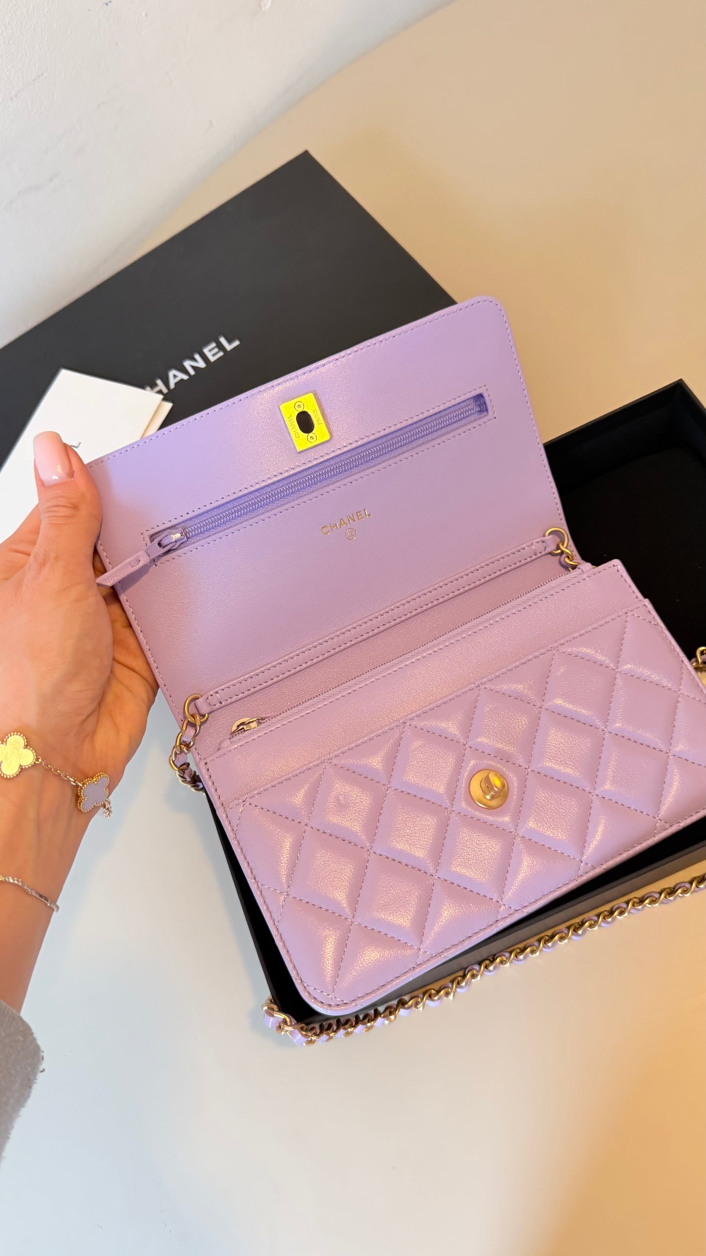 Chanel Lila wallet on chain pearl crush
