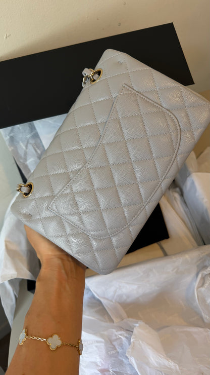 Chanel small light grey caviar flapbag chip