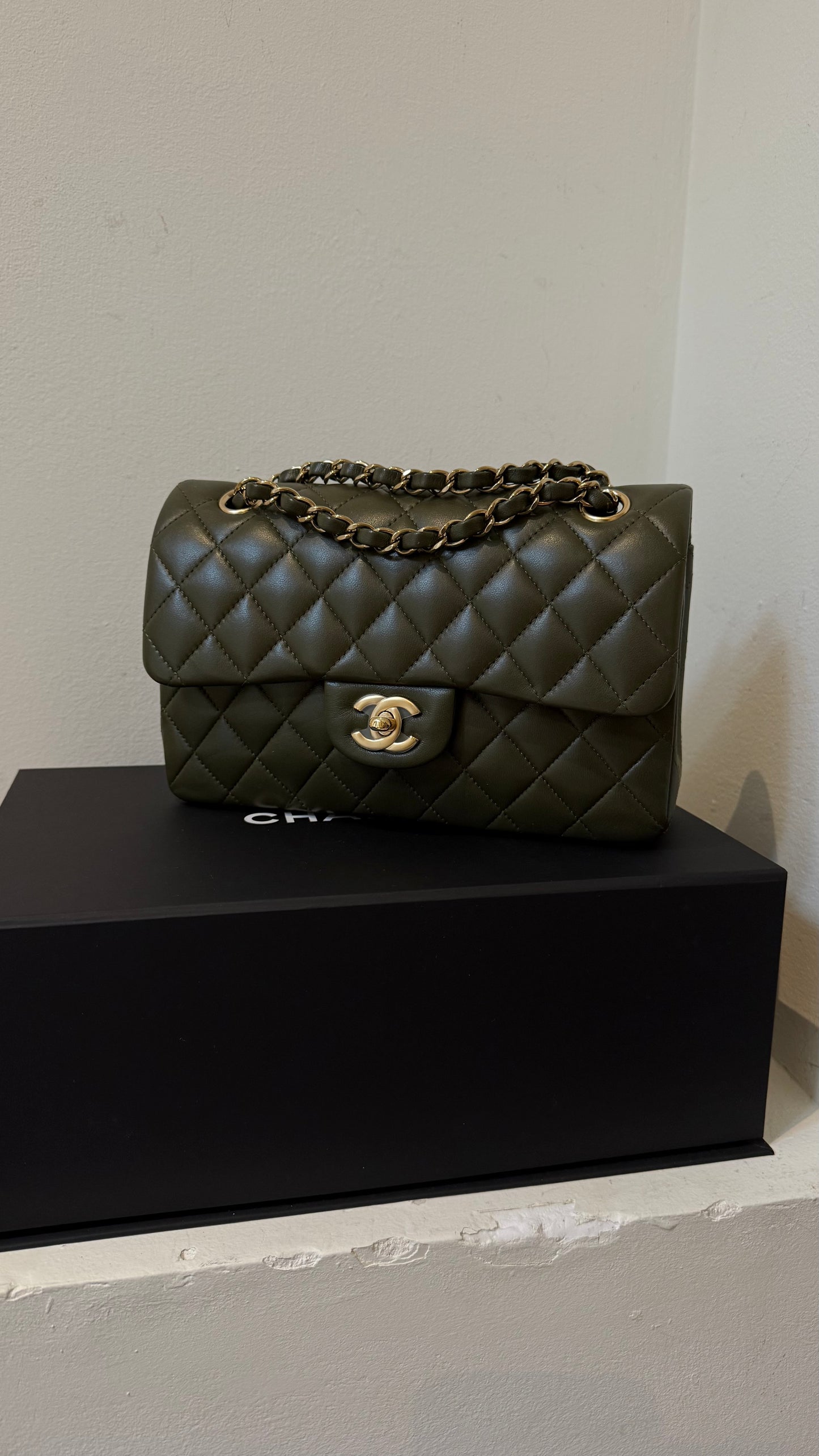 Chanel army green small lambskin double flapbag full set 2023