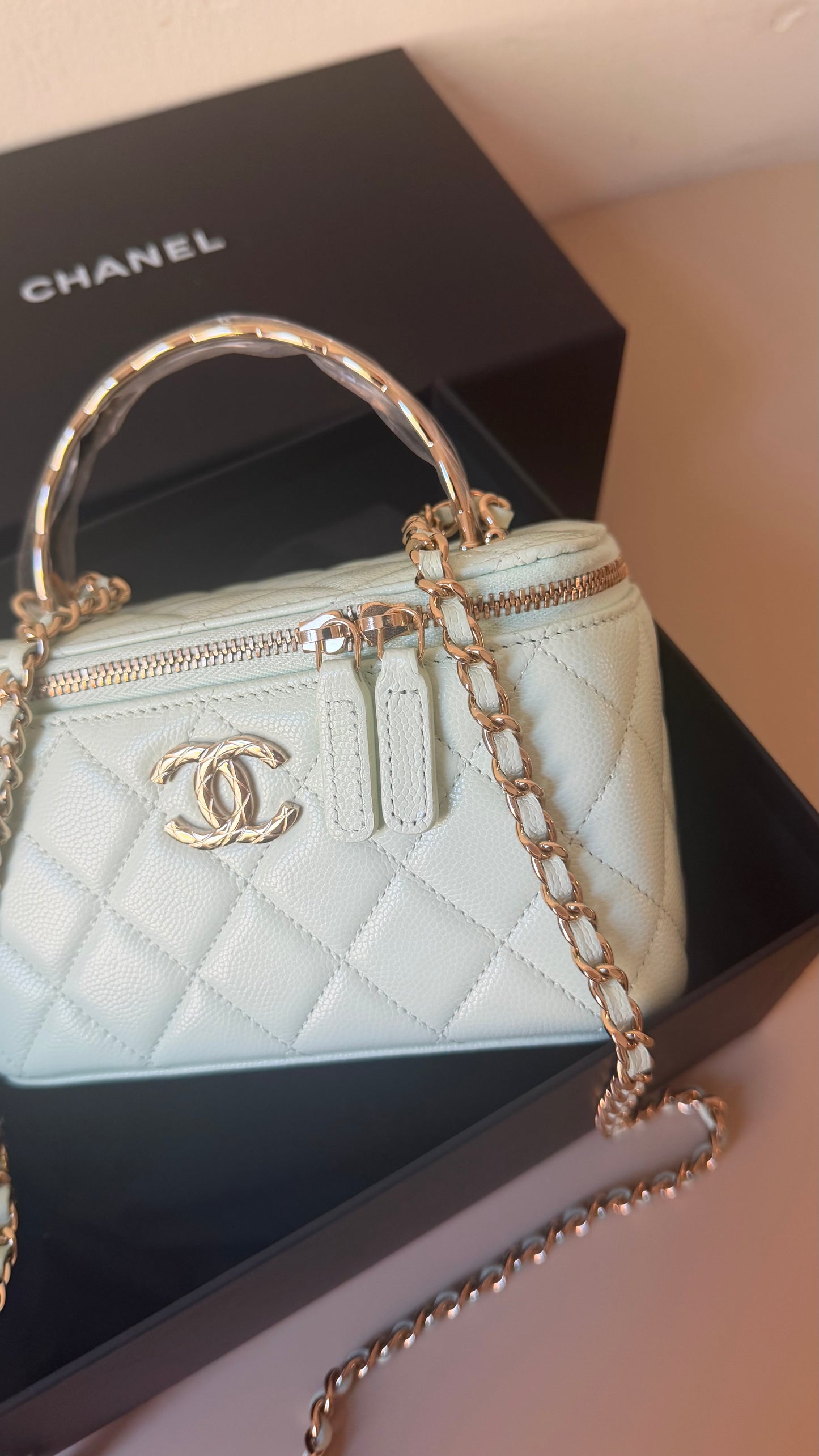 Chanel mint green caviar vanity case