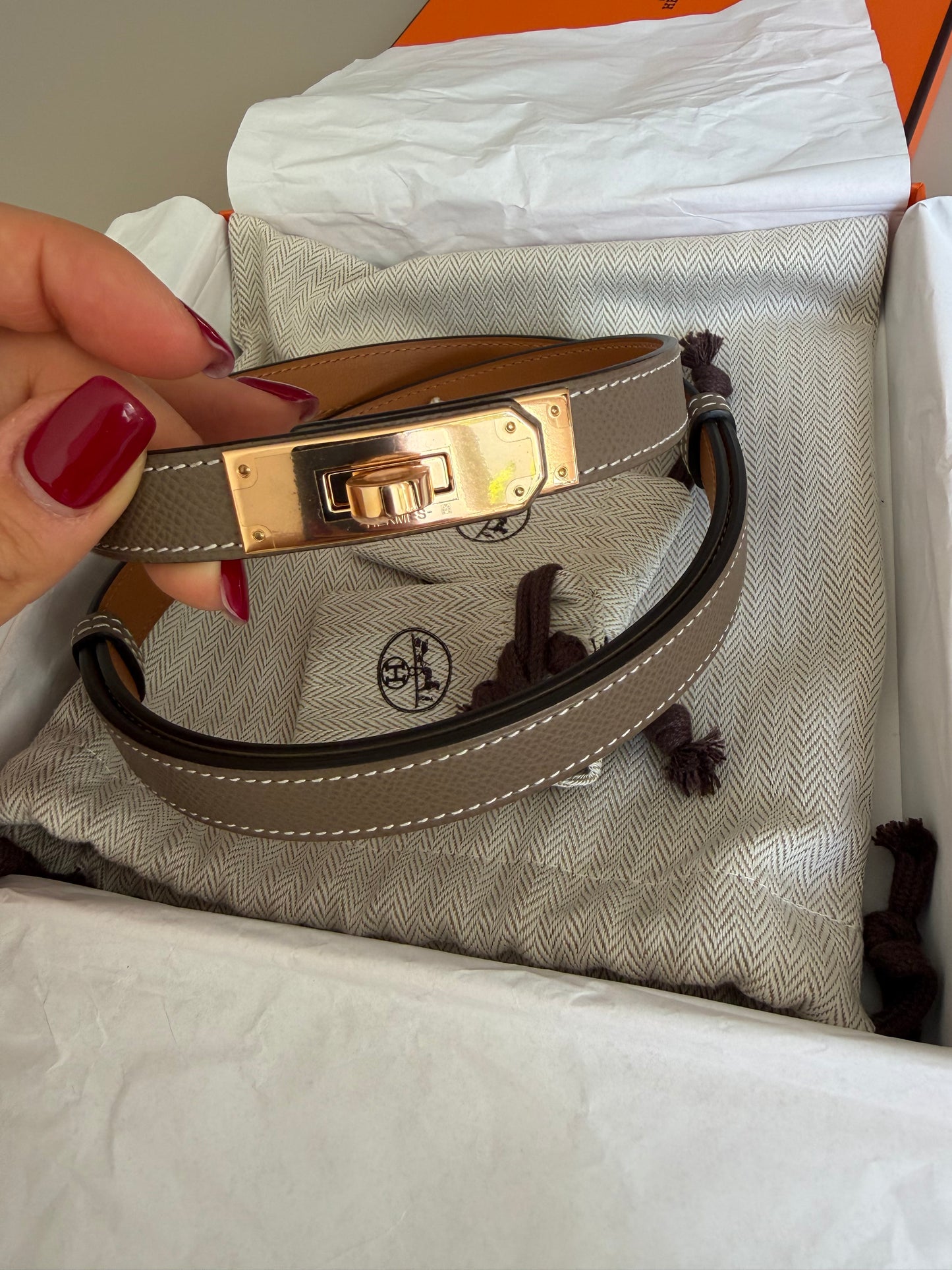 Hermes Kelly belt etoupe with rose gold hardware