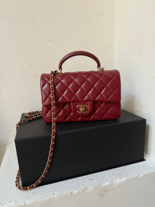 Chanel dark red mini lambskin top handle