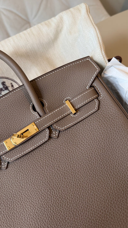 Birkin 25 etoupe Togo with gold hardware stamp D full set with receipt