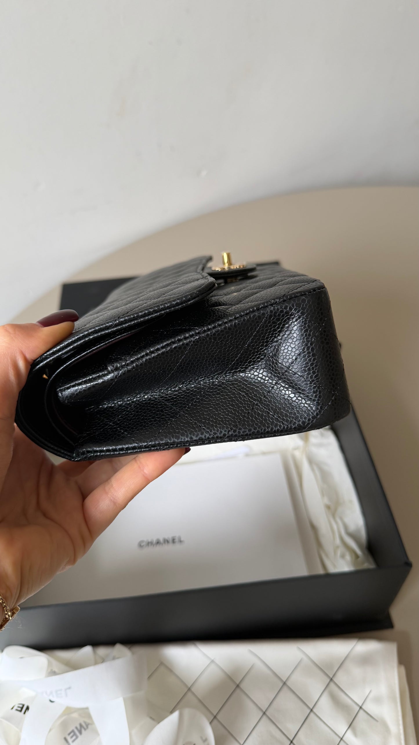 Chanel medium caviar double flapbag with chip