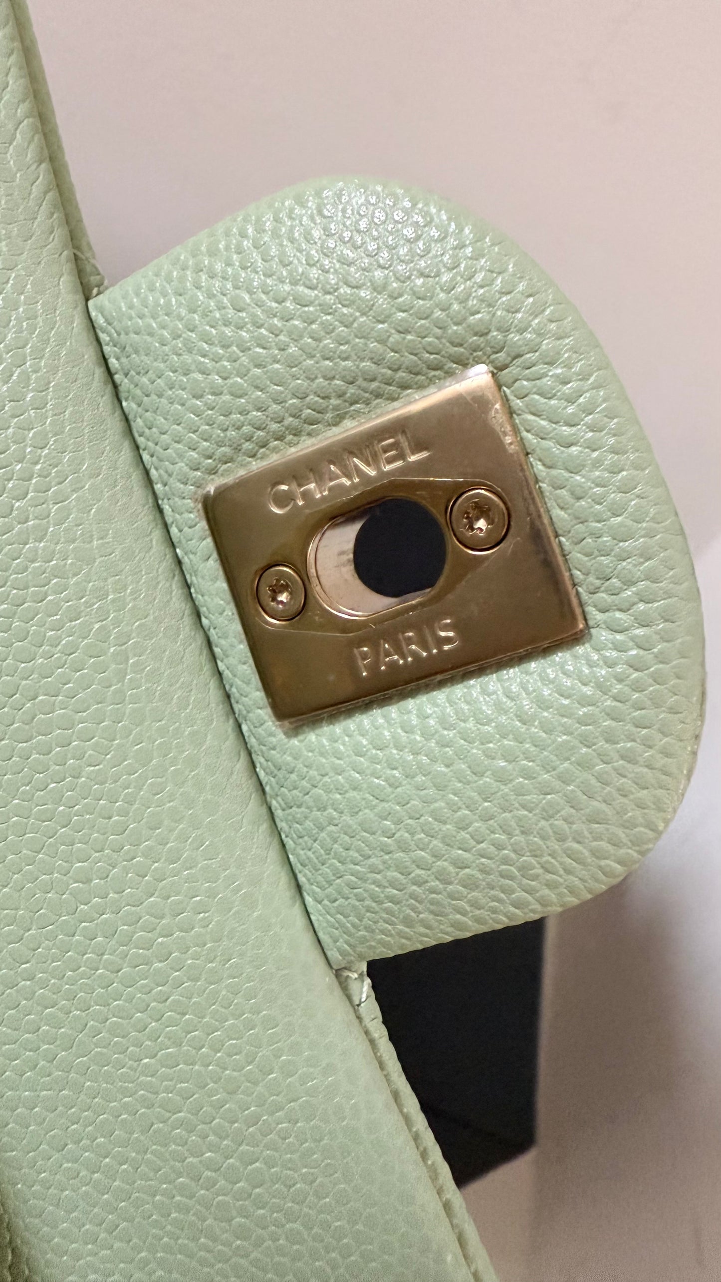Chanel small flapbag caviar with chip in mint green color