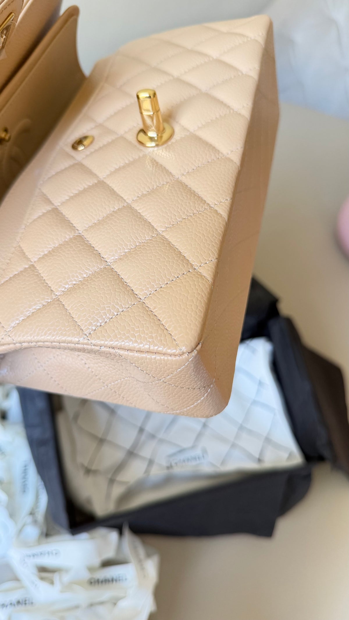 Chanel small classic flapbag caviar beige