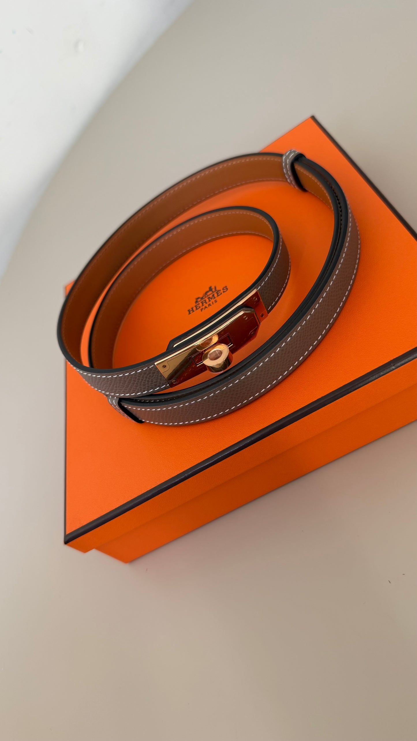 Hermes Kelly belt etoupe with rose gold hardware