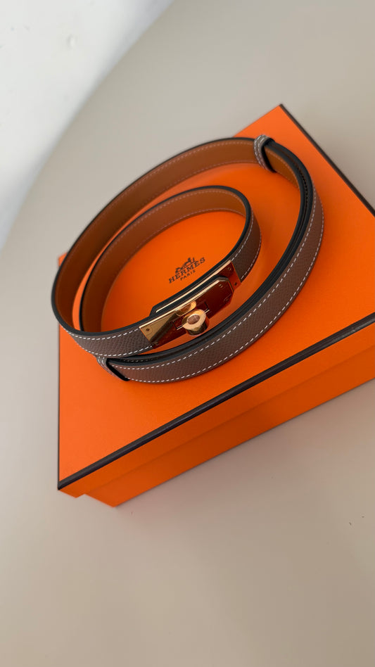 Hermes Kelly belt etoupe with rose gold hardware
