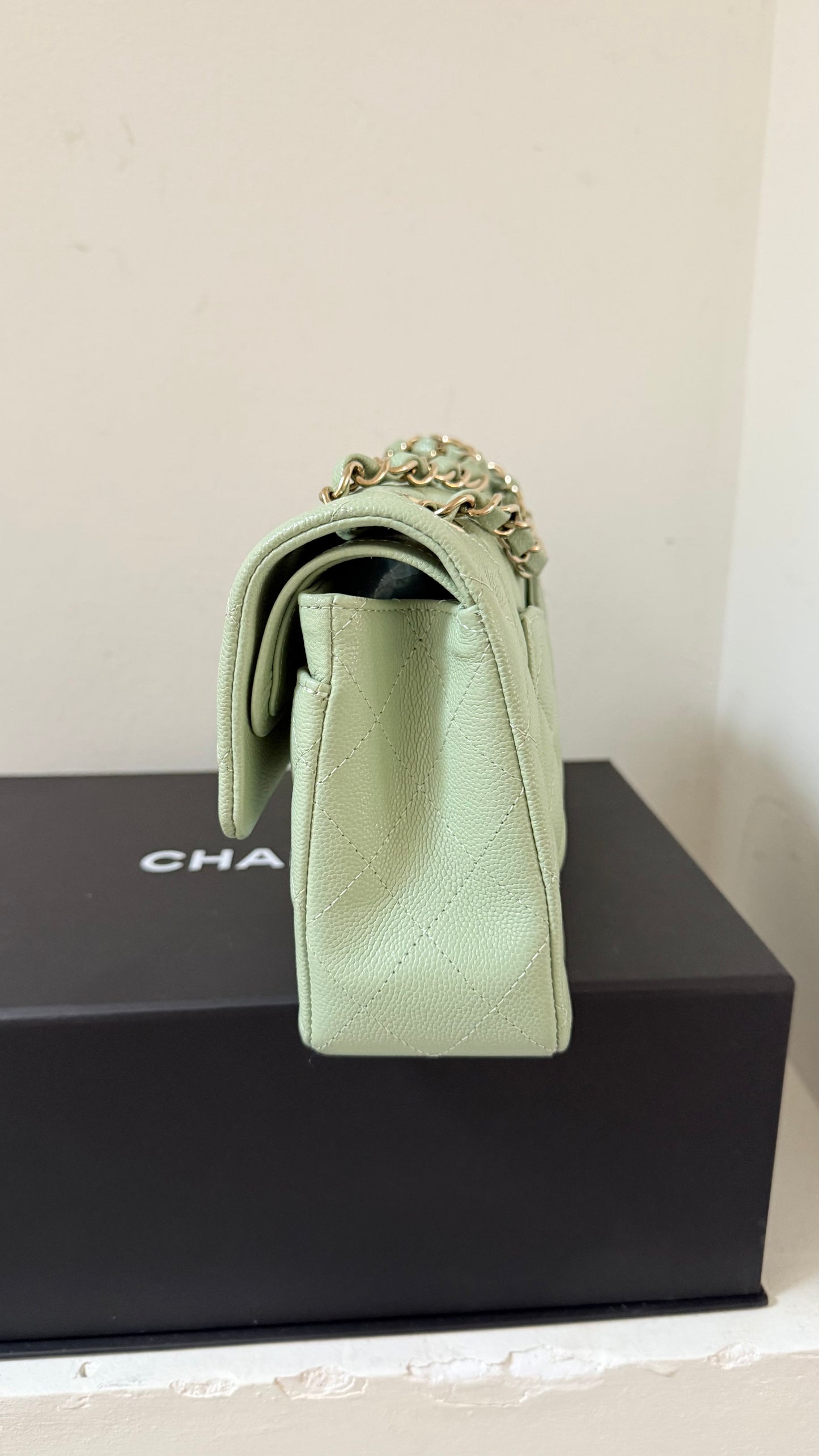Chanel small flapbag caviar with chip in mint green color