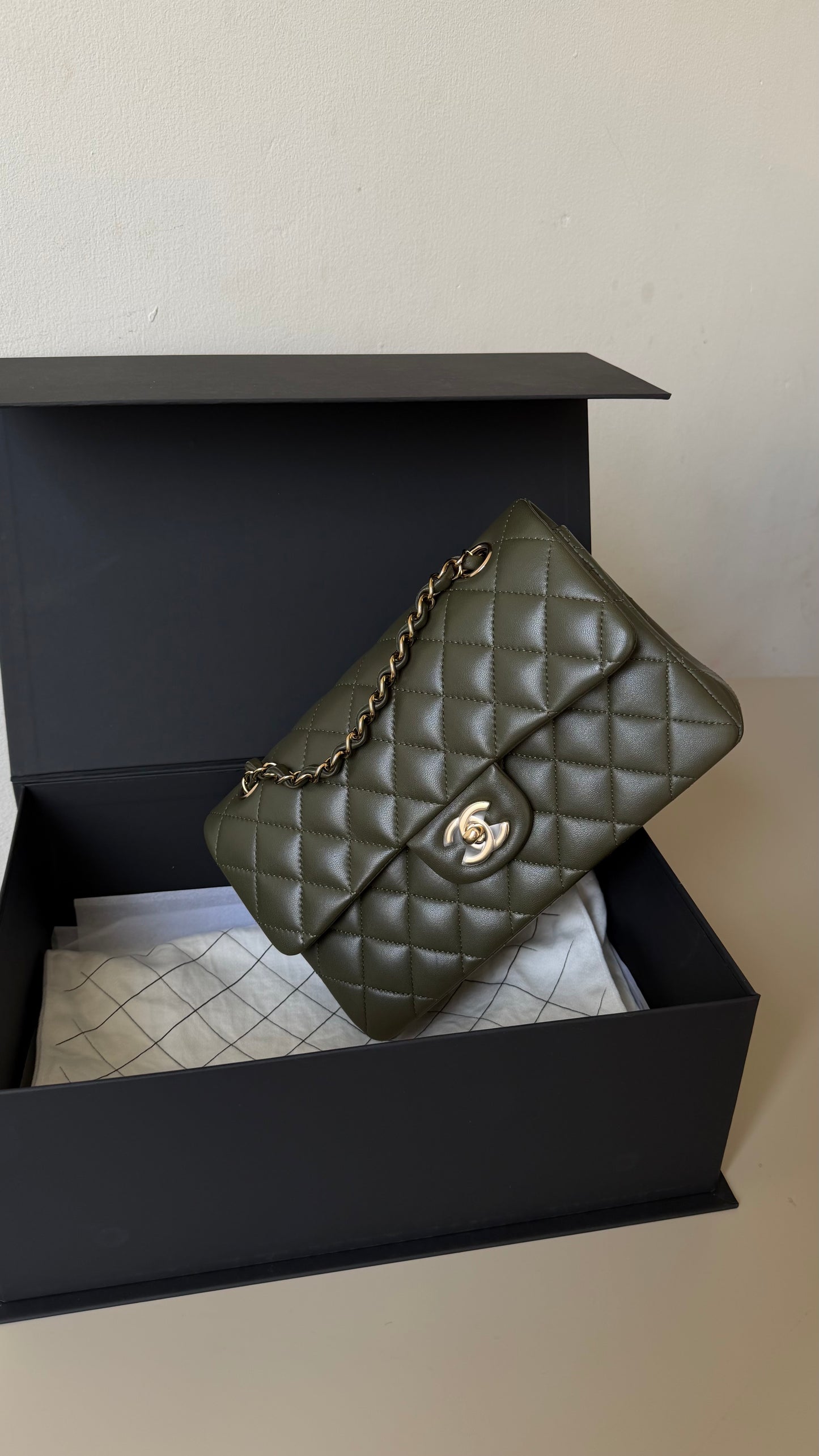 Chanel olive green lambskin small double flapbag full set