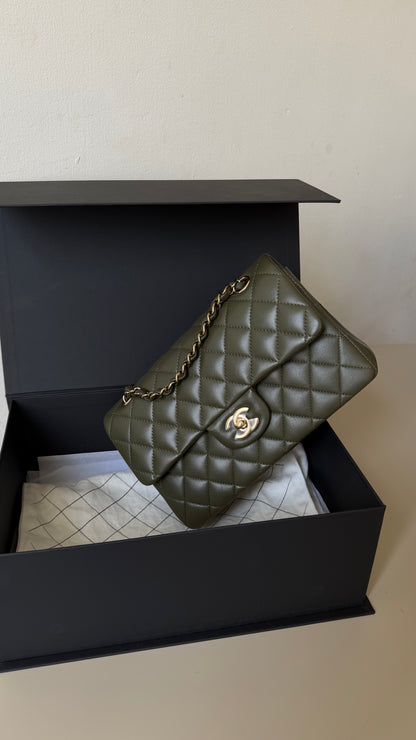 Chanel olive green lambskin small double flapbag full set