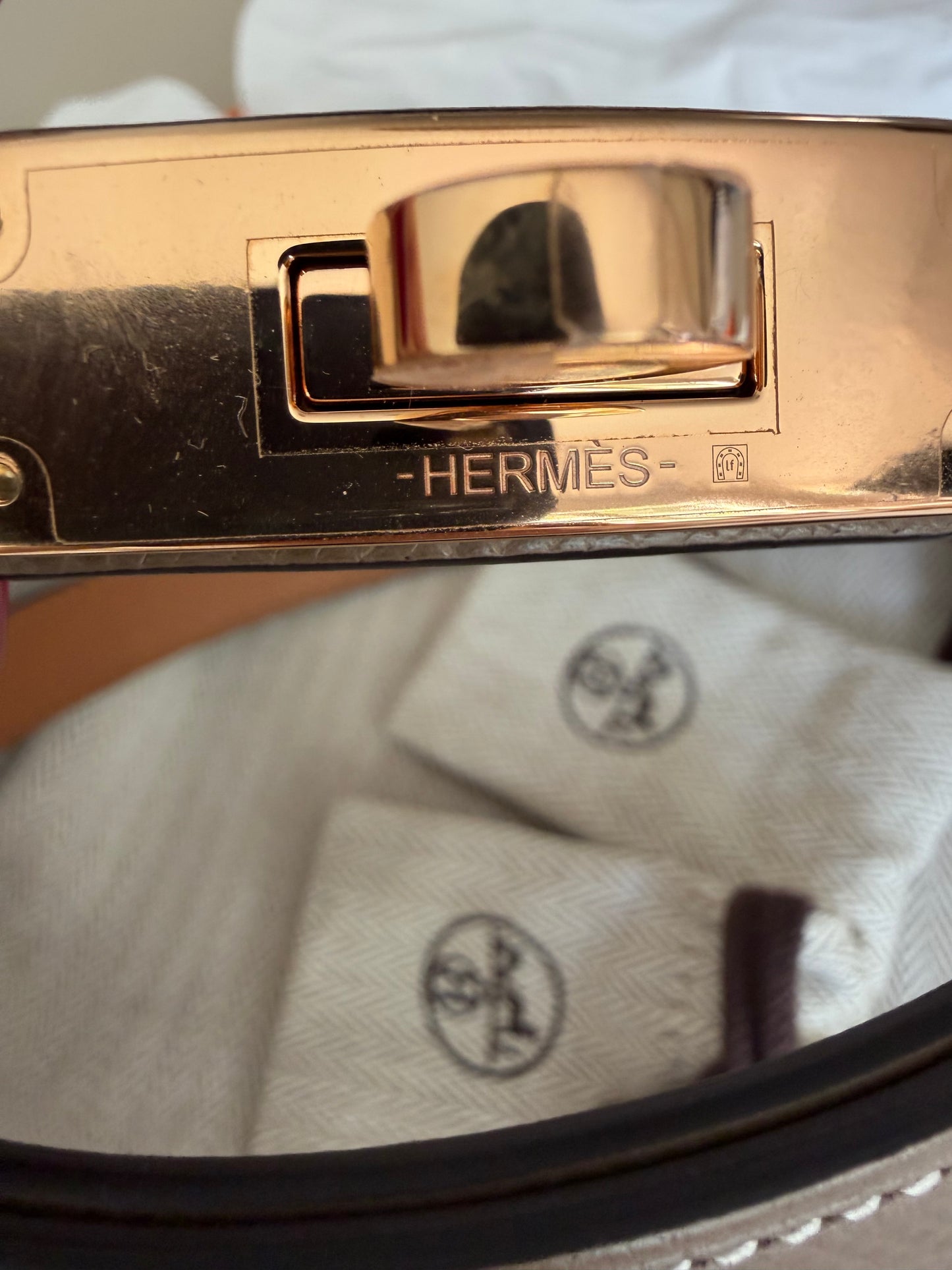 Hermes Kelly belt etoupe with rose gold hardware
