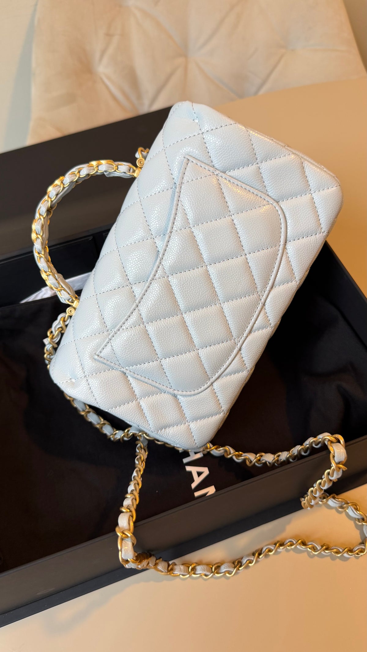 Chanel mini top handle baby blue caviar with chip- brand new