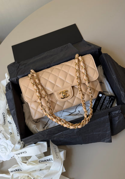 Chanel small classic flapbag caviar beige
