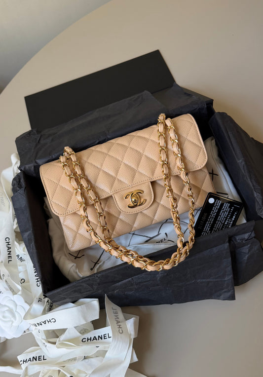 Chanel small classic flapbag caviar beige