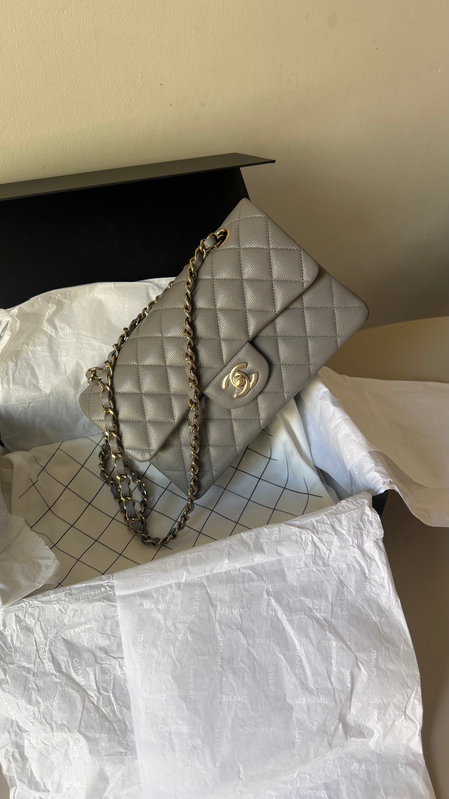 Chanel small Grey caviar double classic flapbag with chip 2022