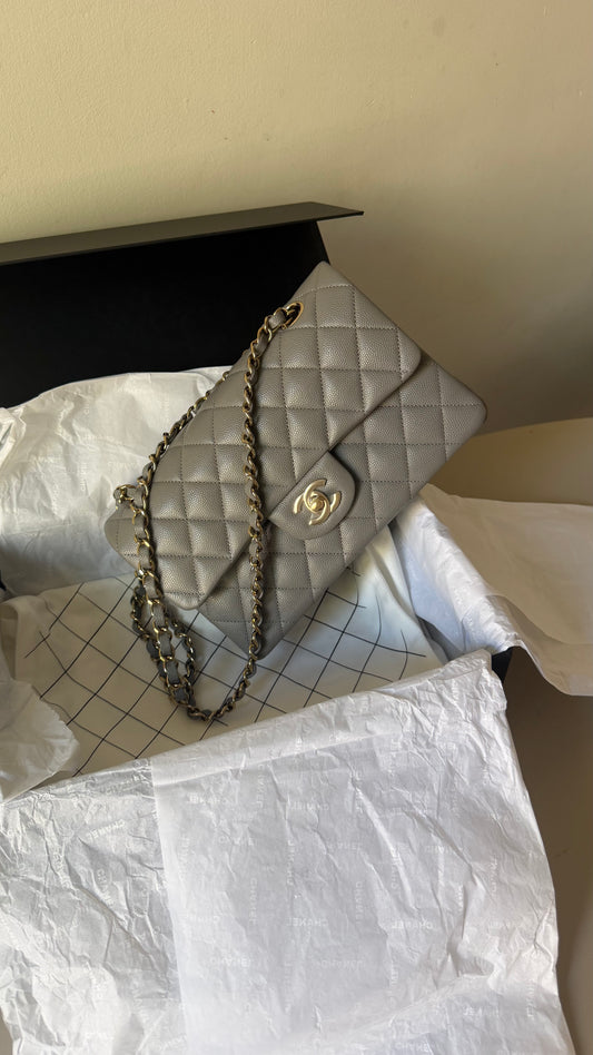 Chanel small Grey caviar double classic flapbag with chip 2022