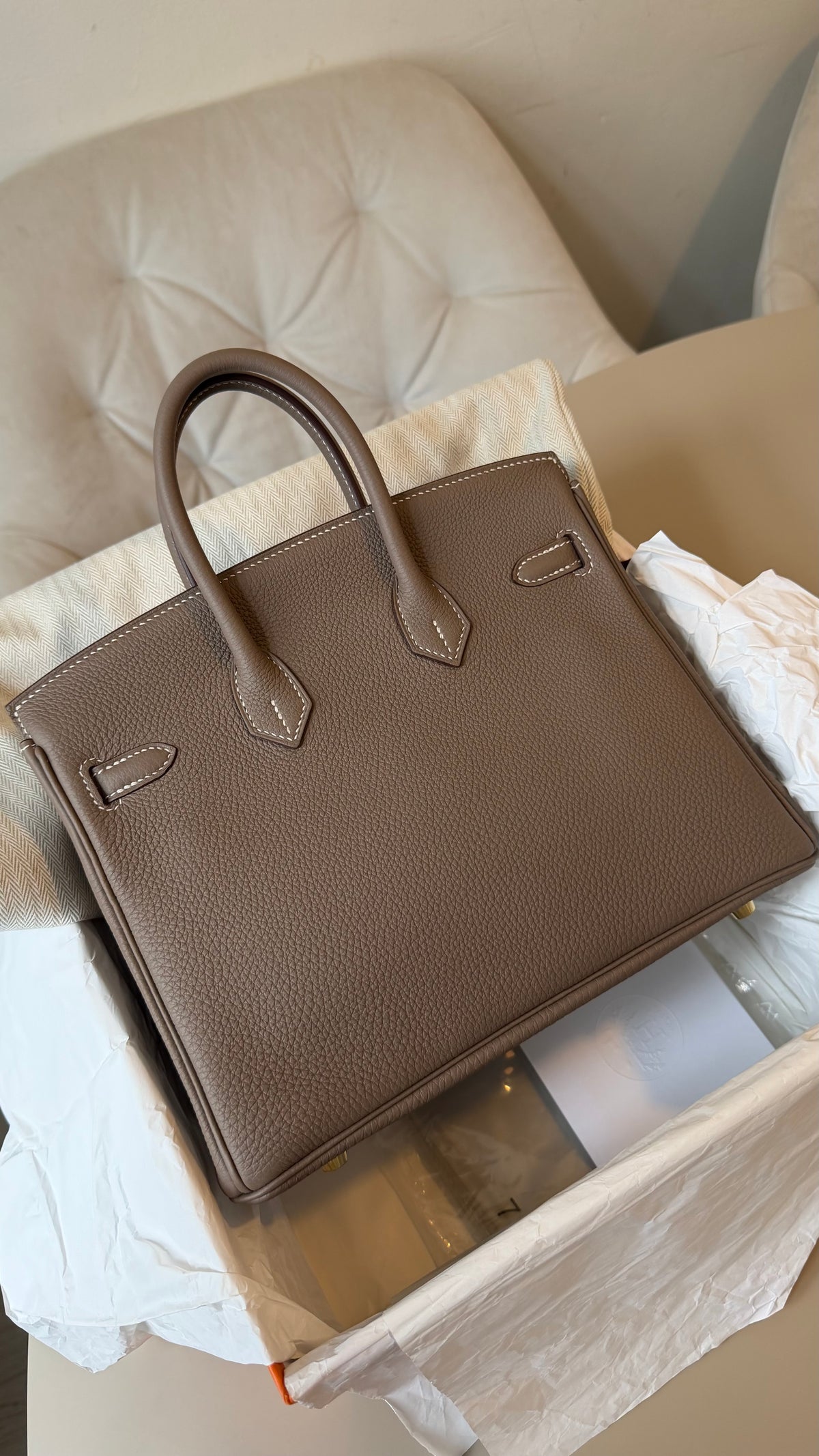 Birkin 25 etoupe Togo with gold hardware stamp D full set with receipt