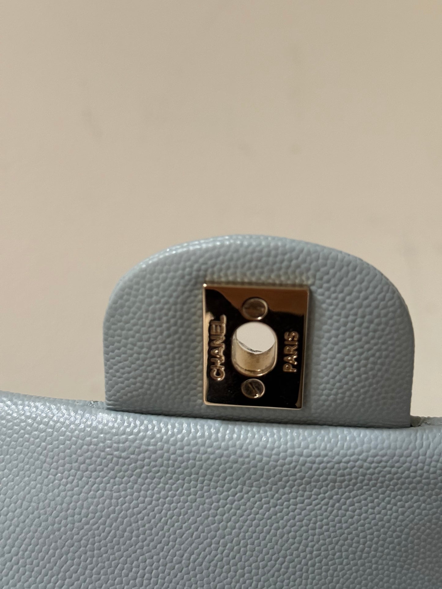 Chanel classic flapbag small caviar babyblue with chip