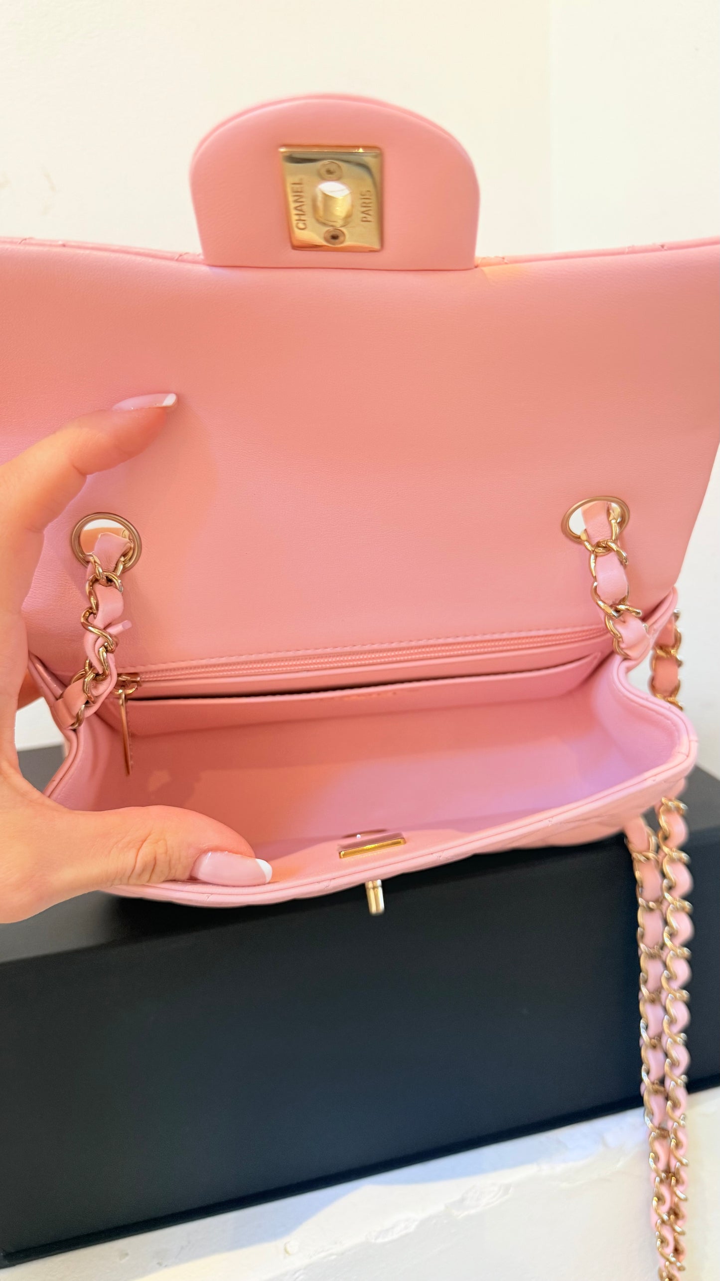 Chanel baby pink mini lambskin flapbag - chip, box, dustbag, entrupy