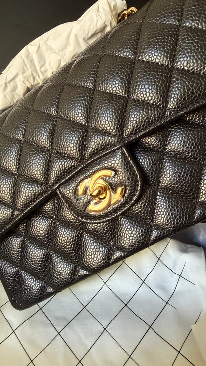 Chanel small double classic black flapbag caviar with chip