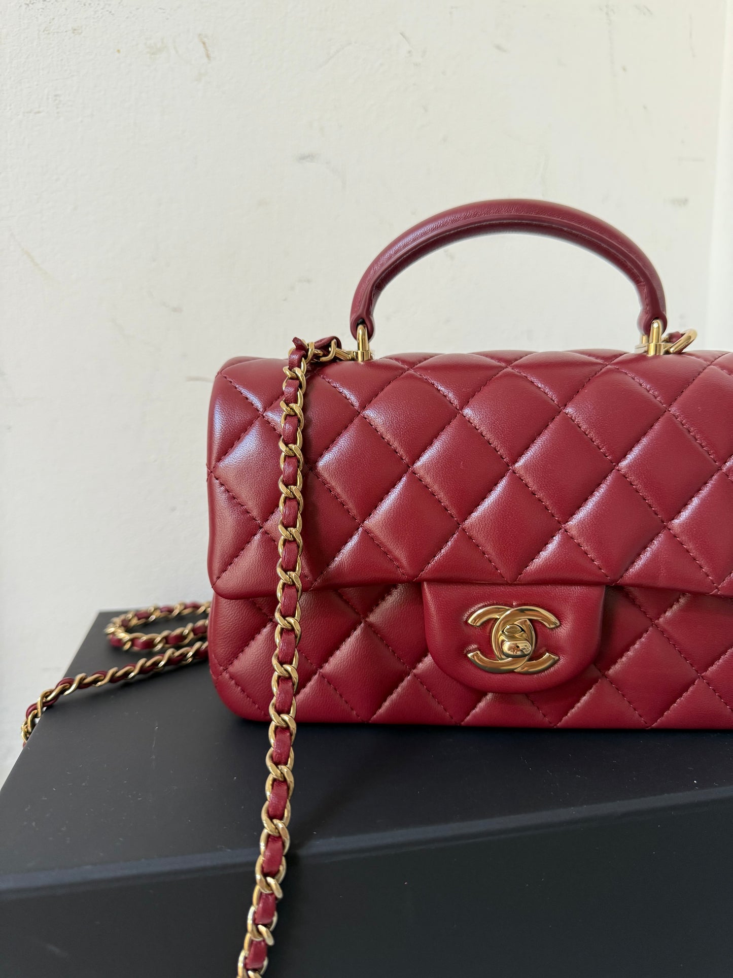 Chanel dark red mini lambskin top handle
