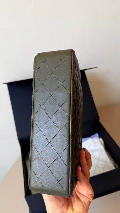 Chanel olive green lambskin small double flapbag full set