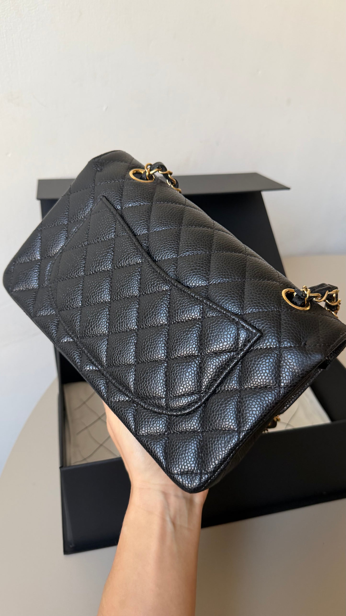 Chanel small classic flap black caviar with chip