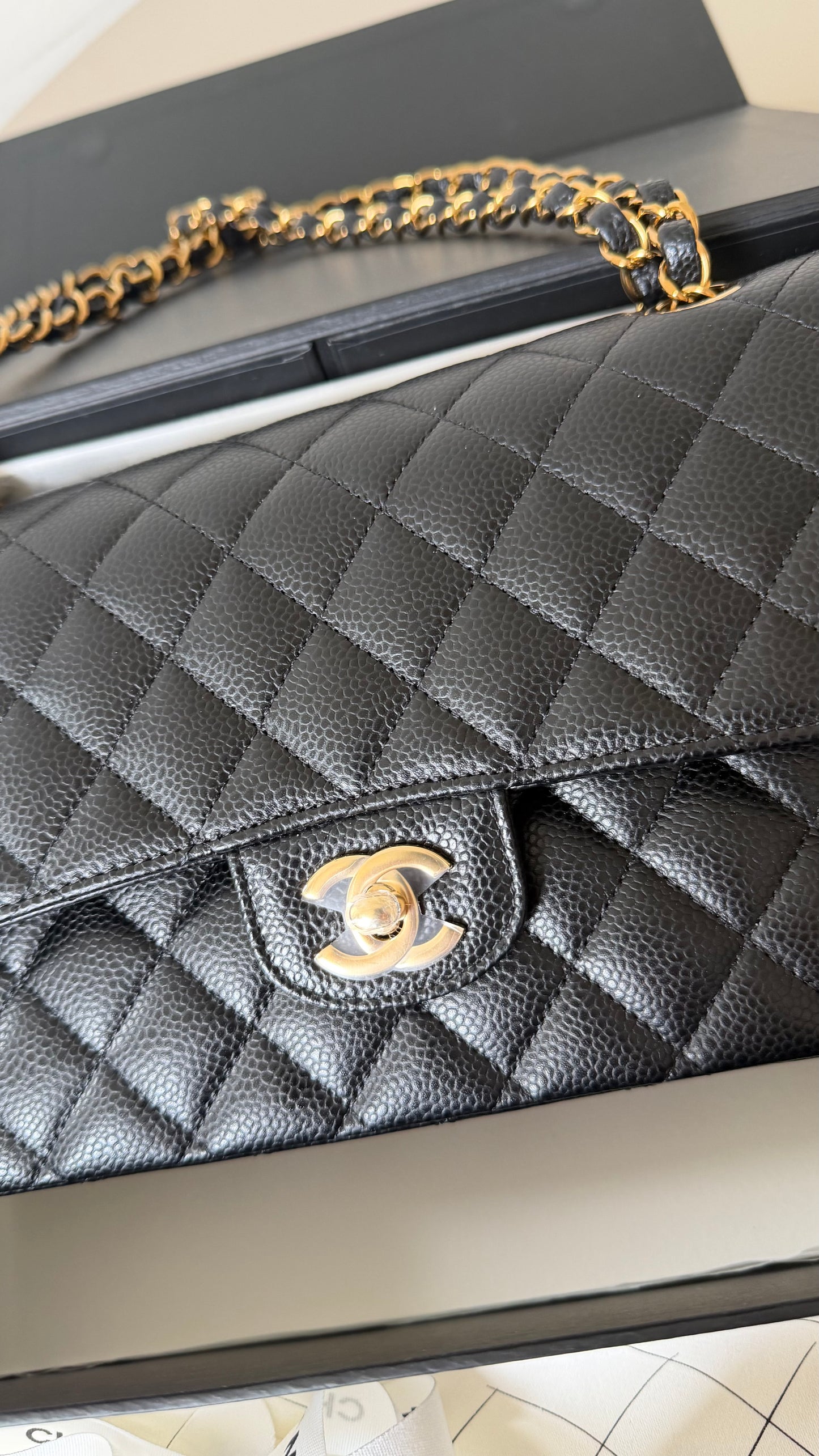 Chanel medium caviar double flapbag with chip