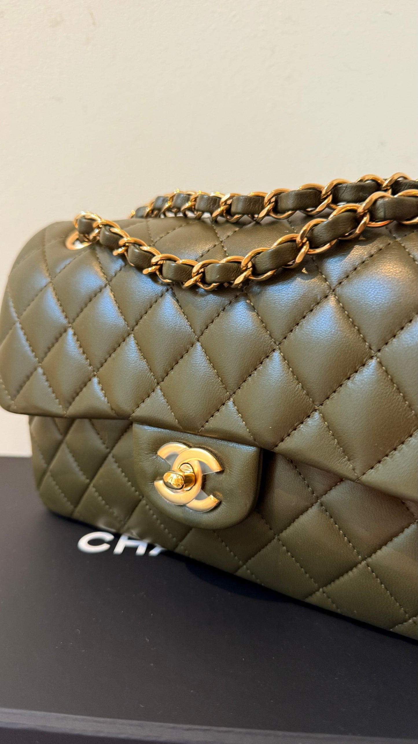 Chanel army green small lambskin double flapbag full set 2023